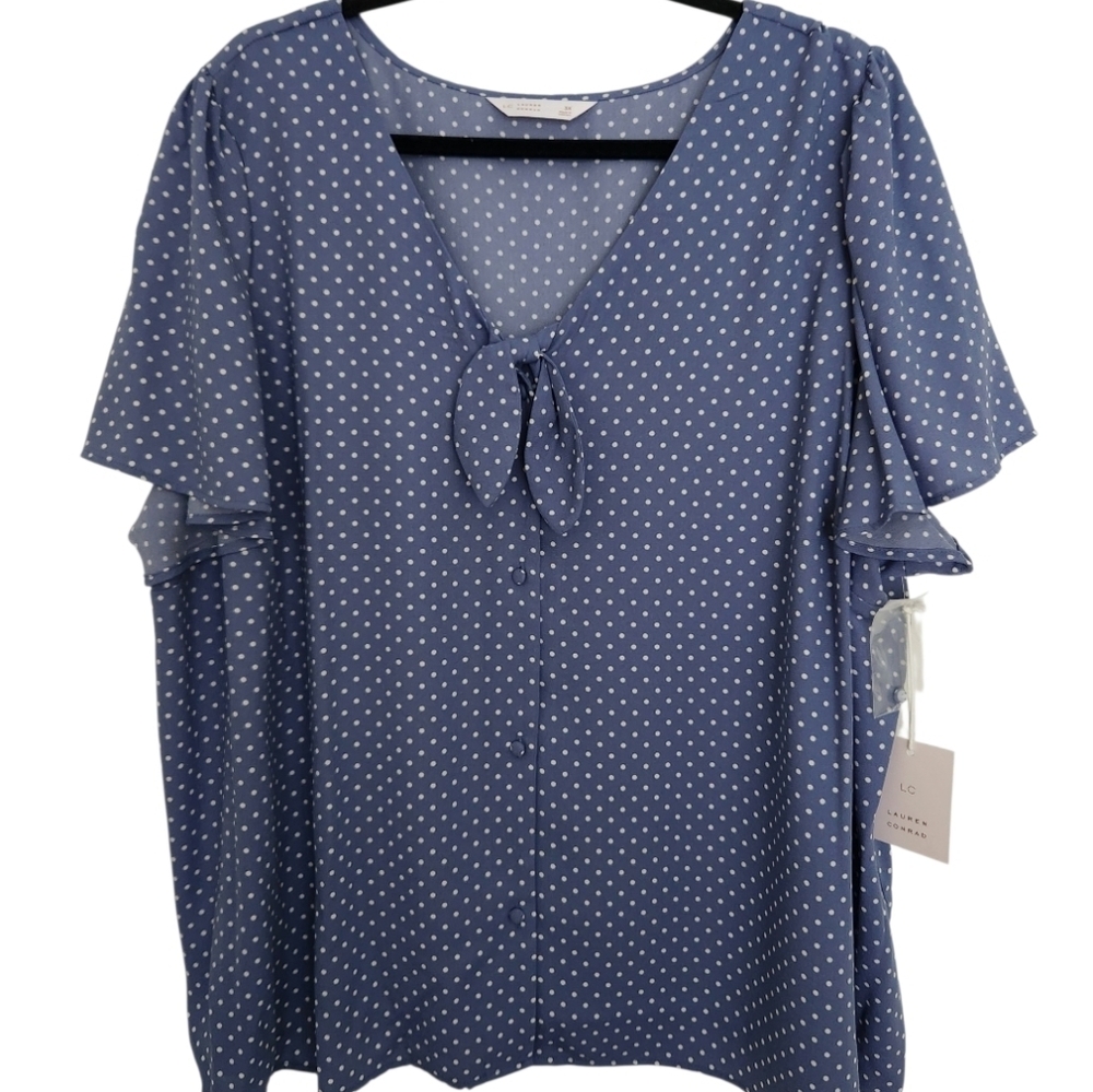 LC Lauren Conrad Womens Plus Periwinkle Polka Dot Button Front Blouse Size 3X